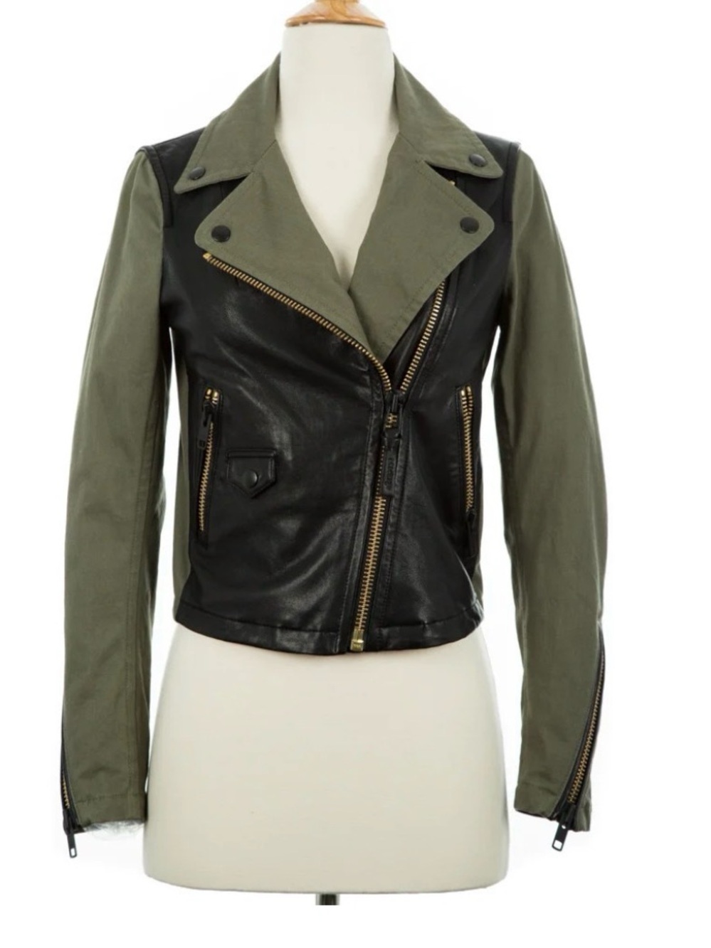 Mackage Olive Green and Black Mixed-Media Leather Moto Jacket